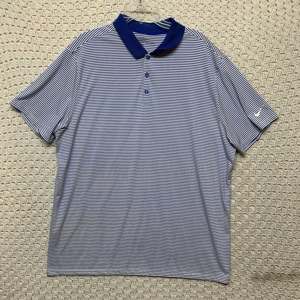 Nike‎ Golf Polo Shirt Mens Size XXL Blue White Stripe Dri Fit Standard Fit